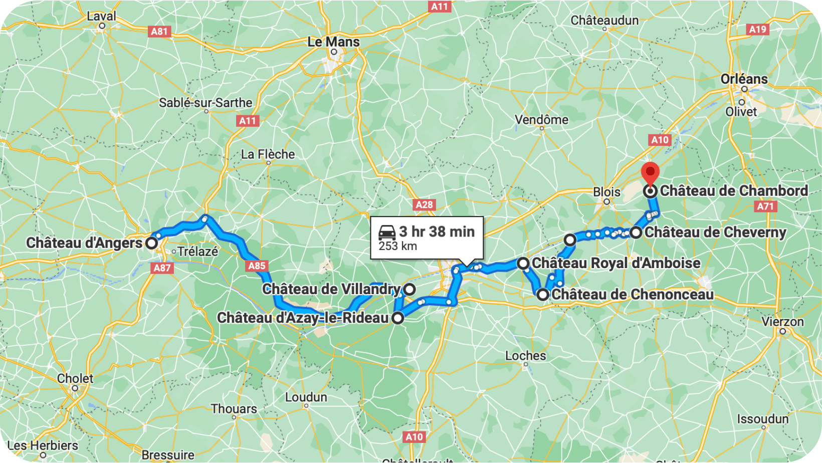 Mapa de la ruta de los Castillos del Loira, 8 castillos en 4 días.